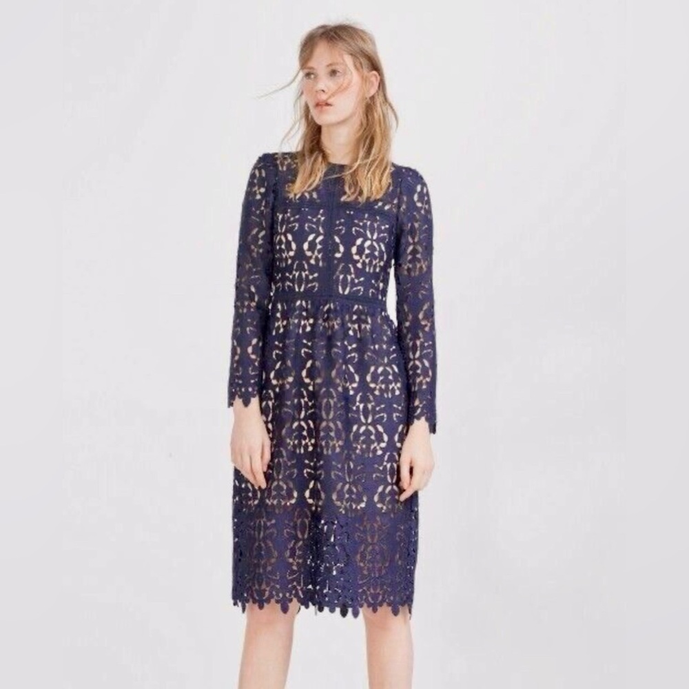 Unworn ZARA Navy Blue Guipure Lace Holiday Dress nude lining full sleeves Medium